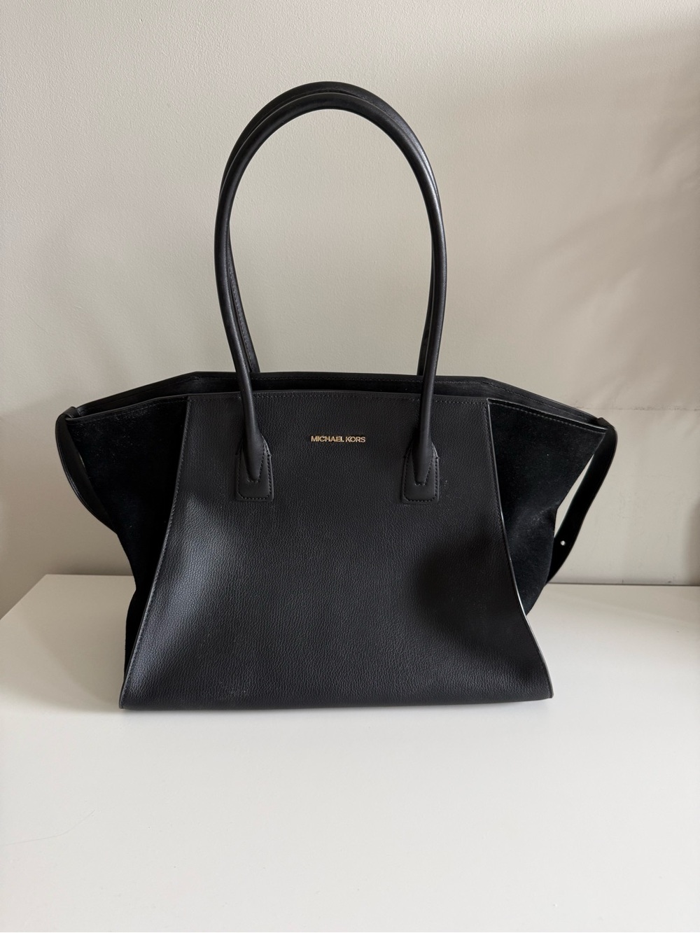 Michael Kors Avril Extra-Large Black Leather and Suede Tote Bag with Gold Logo
